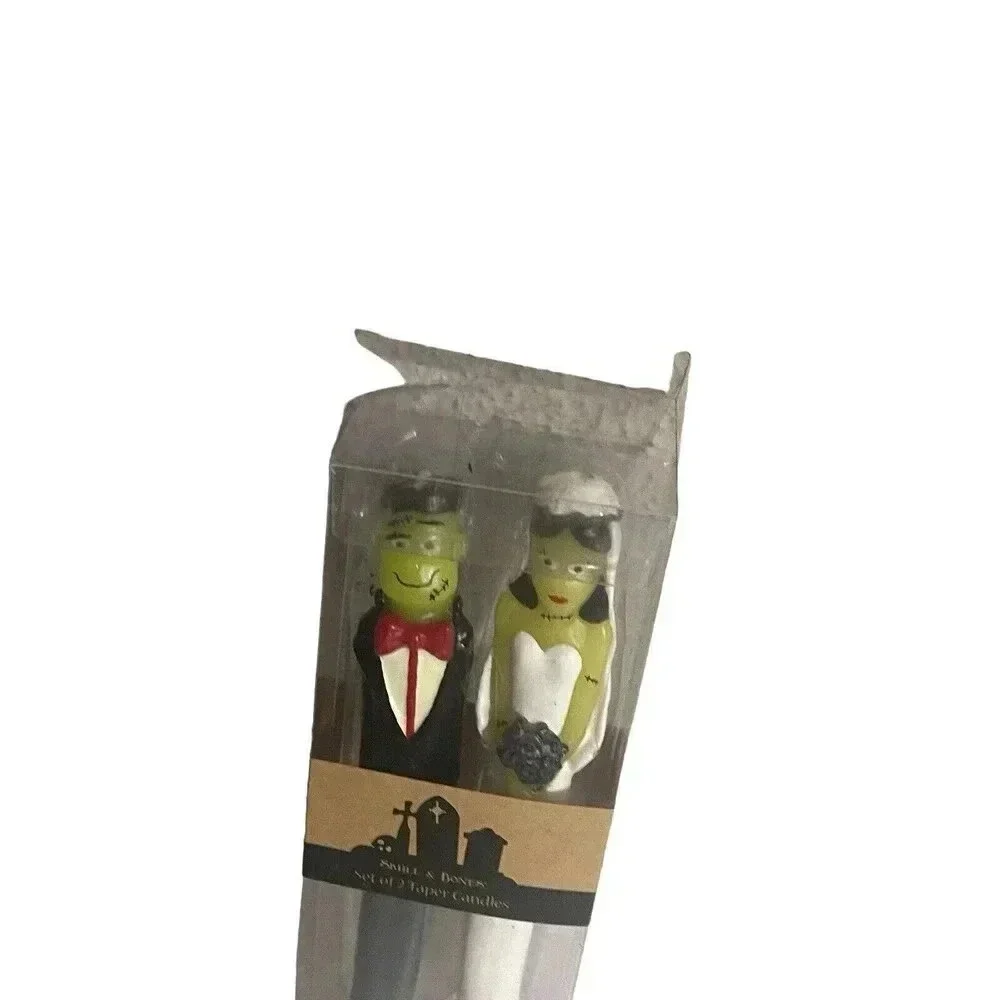 Frankenstein Bride Couple Wedding Halloween Candles Green Monsters Tall 10